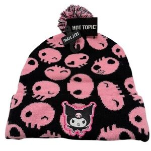 Hot Topic Black & Pink Kuromi Skull Pom Cuffed Beanie
